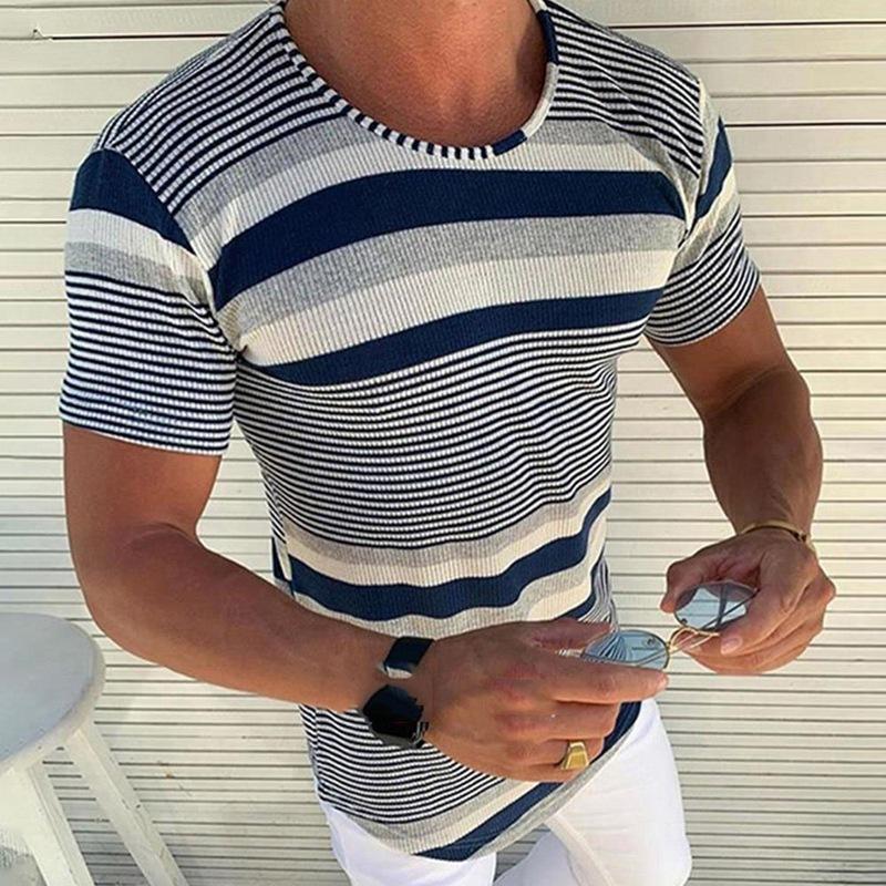 Mens Casual Striped Round Neck Short Sleeve T-Shirt 84079311M