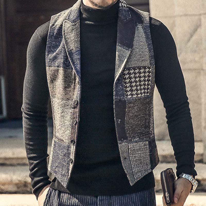 Mens Vintage Lapel Colorblock Slim Suit Vest 60907033M