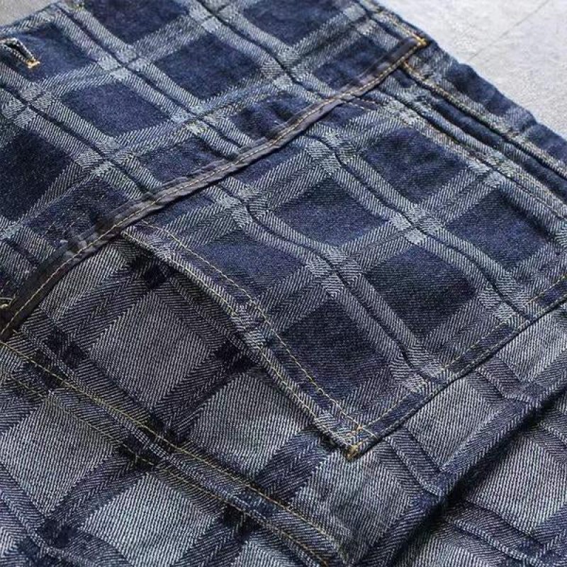 Mens Vintage Multi-pocket Cotton Washed Plaid Denim Vest 22819911M