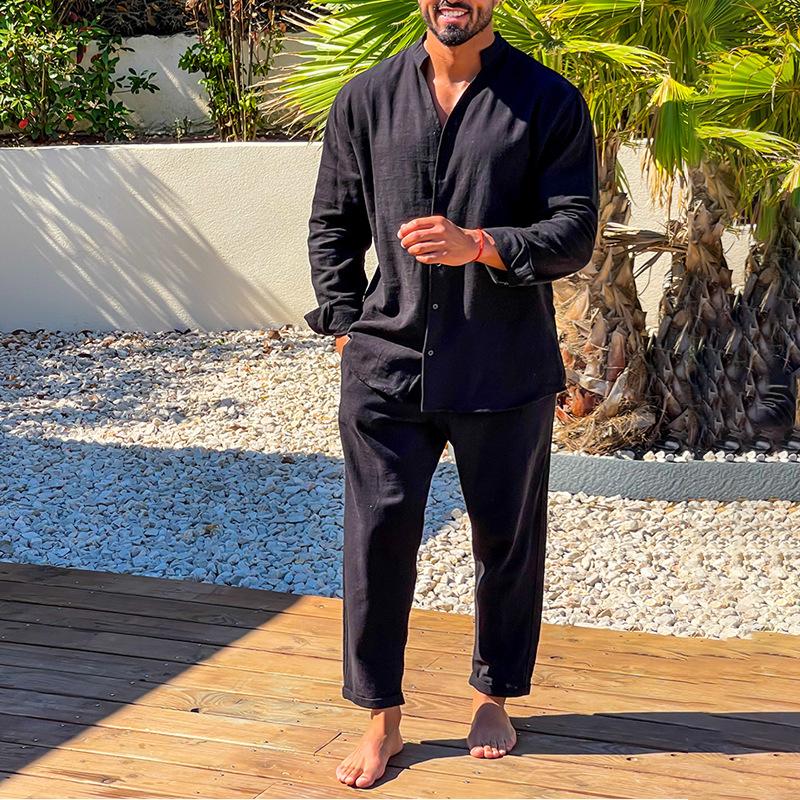Mens Long -sleeved Cotton and Linen Shirt Set 68448998X