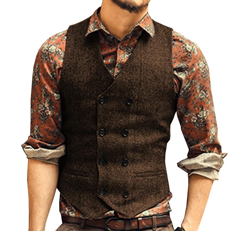 Mens Vintage Herringbone V-Neck Double Breasted Vest 84812263M