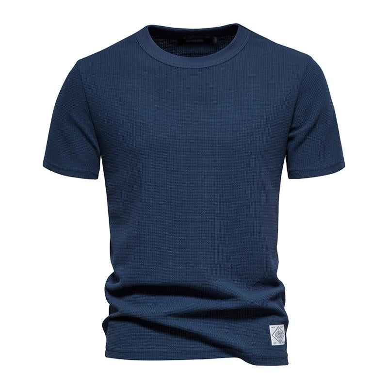 Mens Casual Round Neck Solid Color Waffle Short Sleeve T-Shirt 74268141M