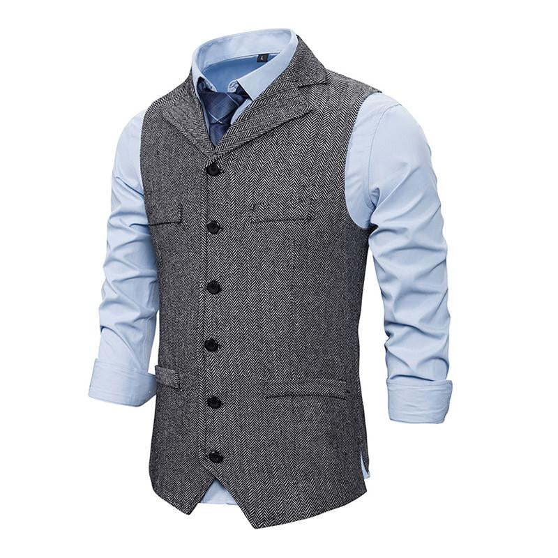 Mens Vintage Lapel Herringbone Single Breasted Vest 05741062M