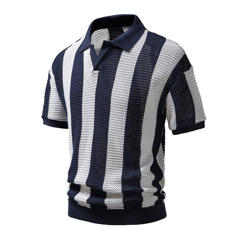 Mens Summer Lapel Openwork Knitted Short-sleeved Polo Shirt 99057324M