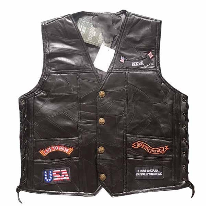 Mens Embroidered Badge Leather Biker Vest 34397283M