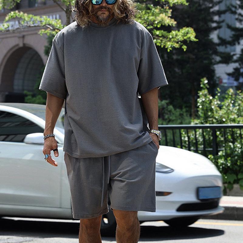 Mens Loose Solid Cotton Short Sleeve T-shirt Shorts Set 79265908Z