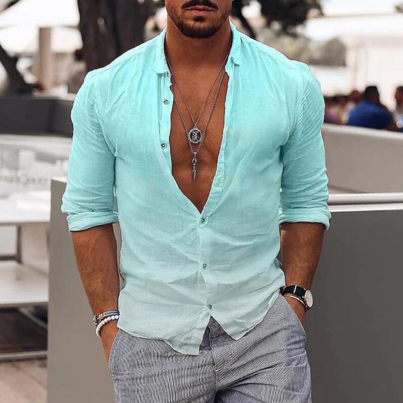 Mens Printed Gradient Lapel Long Sleeve Shirt 90873721X
