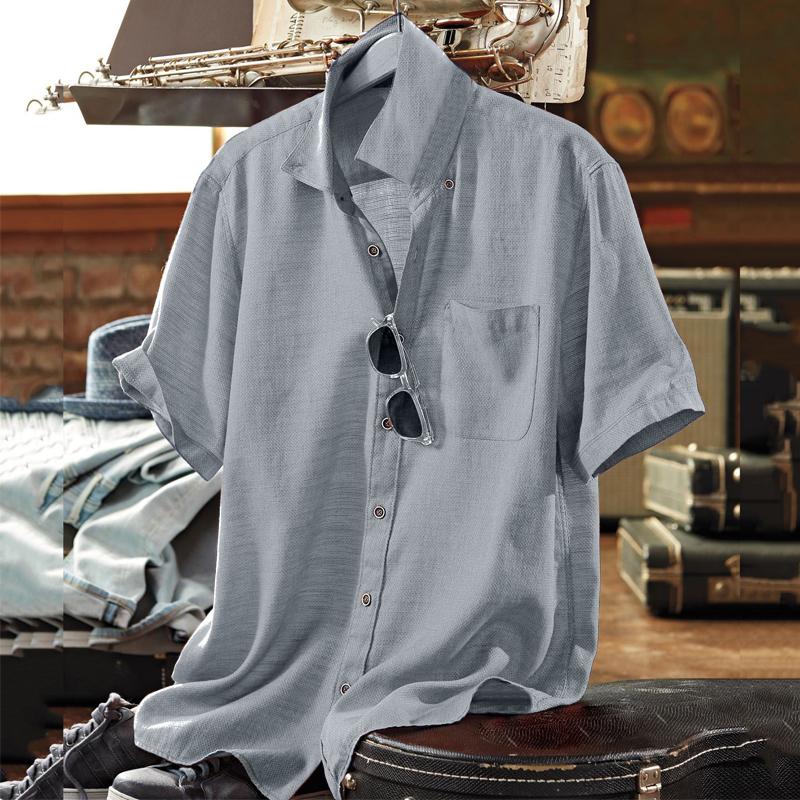 Mens Cotton and Linen Solid Color Lapel Short-sleeved Shirt 17520449X