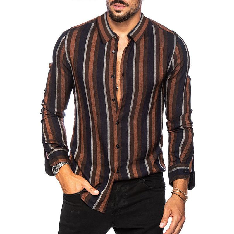 Mens Casual Lapel Stripe Slim Long Sleeve Shirt 84139040M