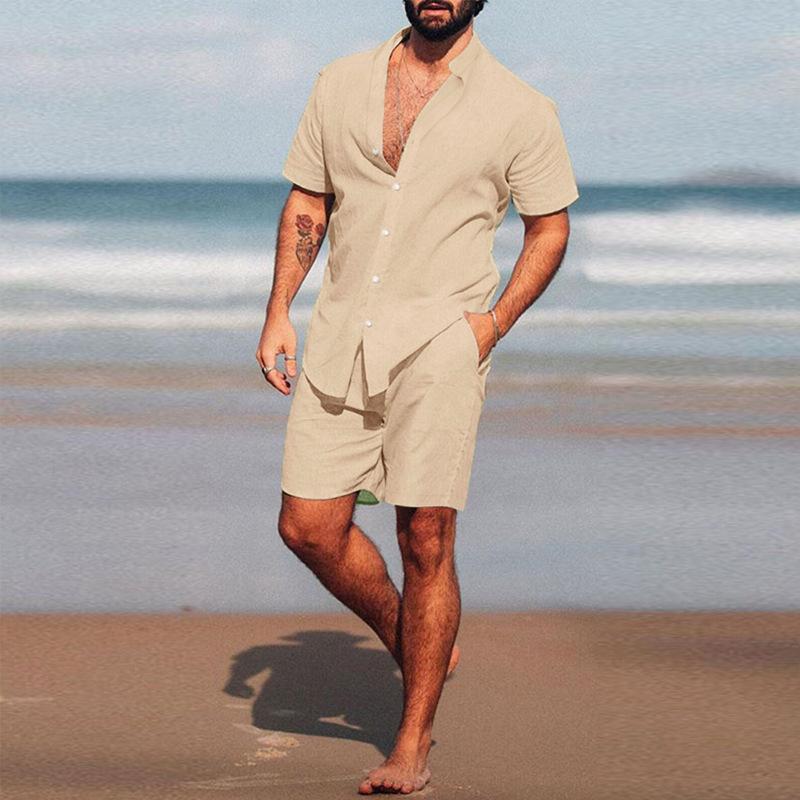 Mens Casual Vacation Solid Color Short Sleeve Shirt Shorts Beach Set 10589830M