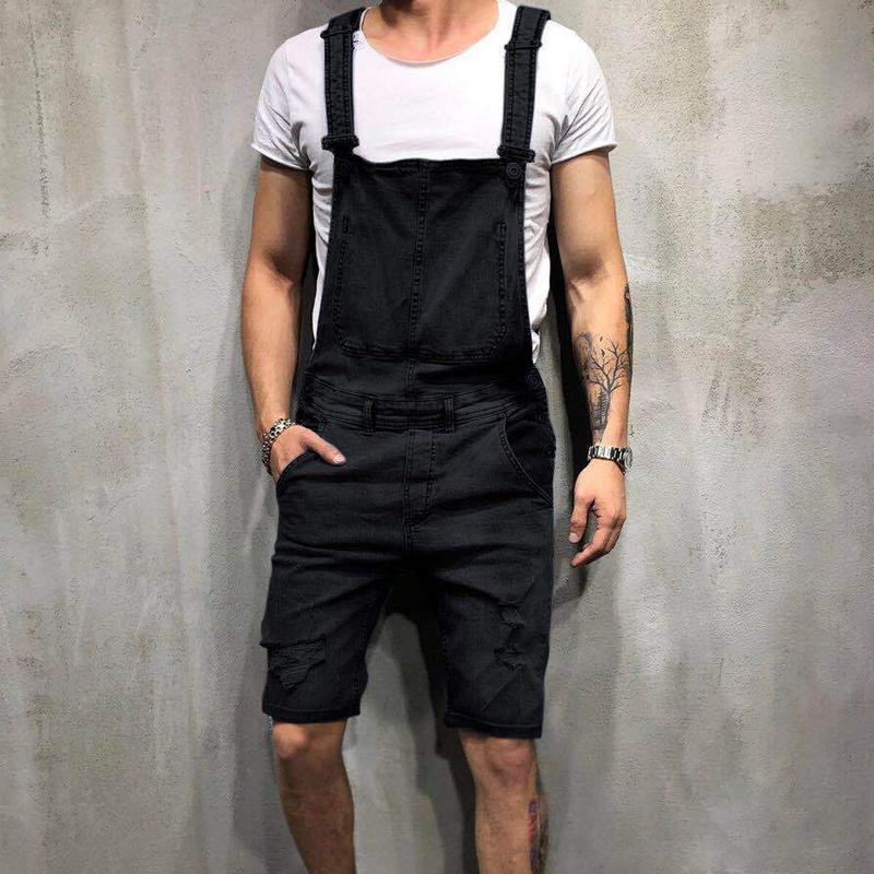 Mens Suspenders Ripped Denim Shorts Jumpsuits 81193581X