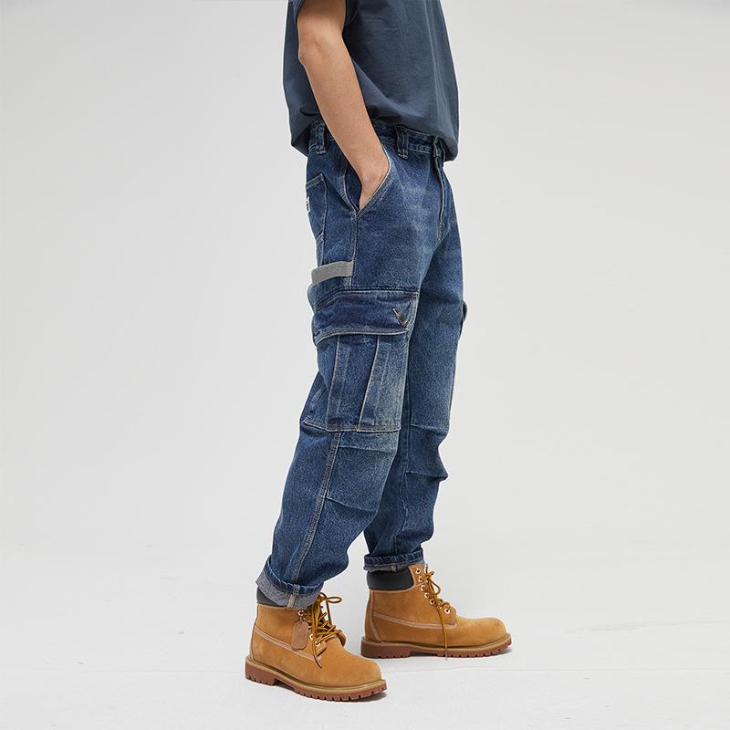 Mens Vintage Washed Multi-Pocket Loose Cargo Denim Straight Pants 51679875M