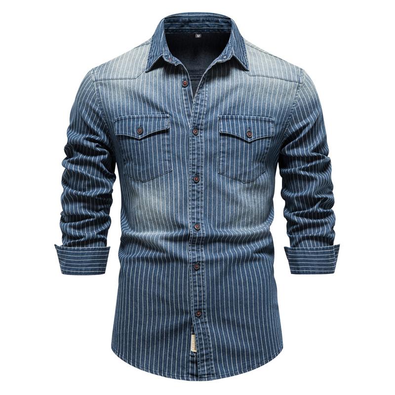 Mens Washed Distressed Striped Denim Shirt 98861733X