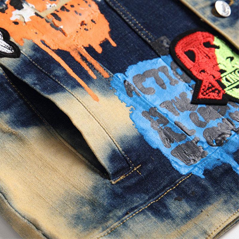 Mens Casual Washed Embroidery Print Lapel Collar Loose Denim Vest 39872810M