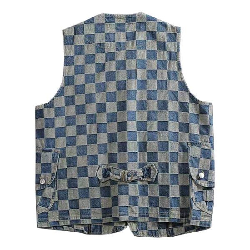 Mens Vintage Multi-pocket Cotton Washed Plaid Denim Vest 22819911M