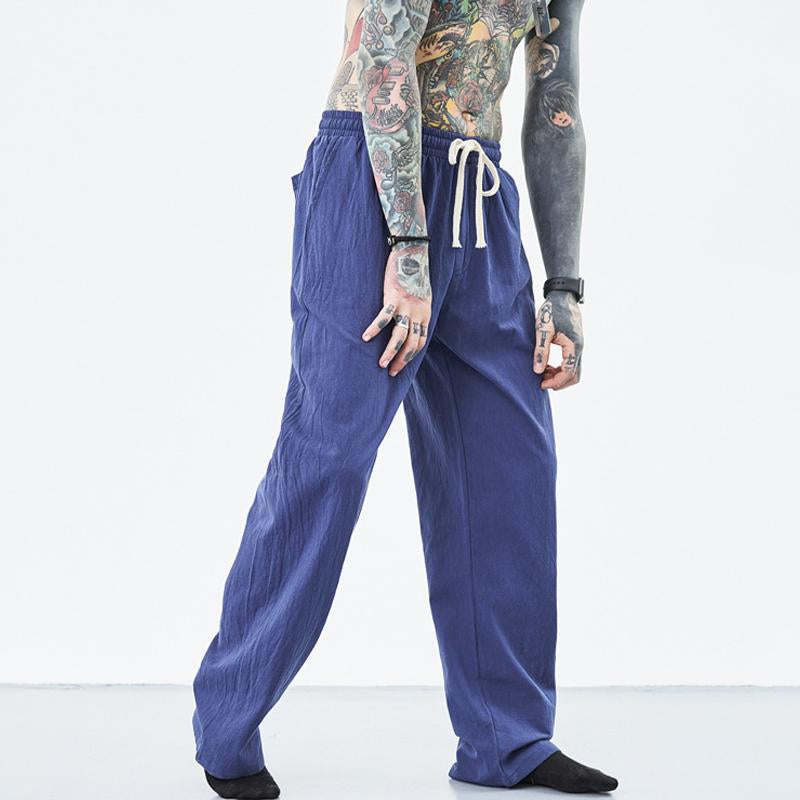 Mens Loose Cotton Linen Solid Color Drawstring Trousers 02079114Y