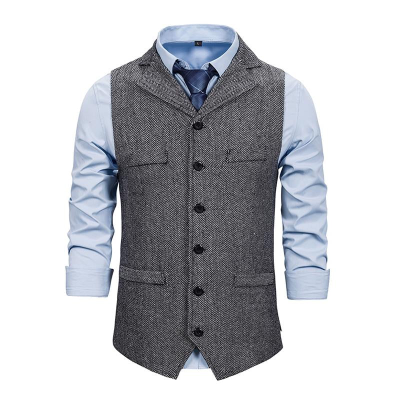 Mens Vintage Lapel Herringbone Single Breasted Vest 05741062M