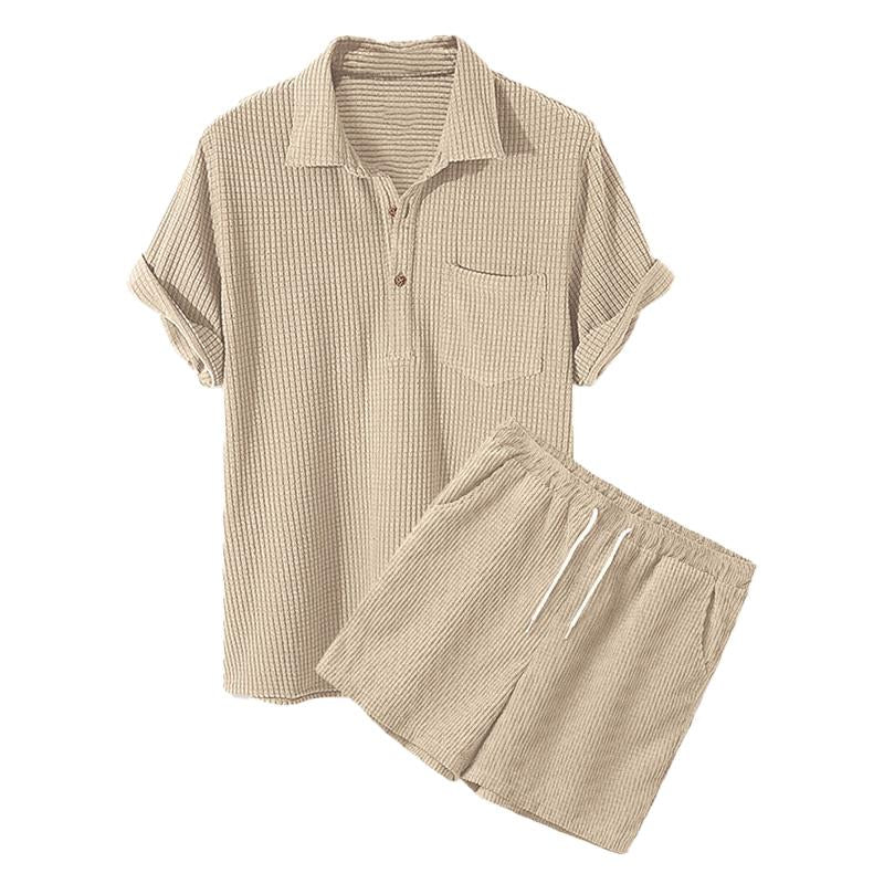 Mens Casual Loose Waffle Short Sleeve Shorts Set 83265325M