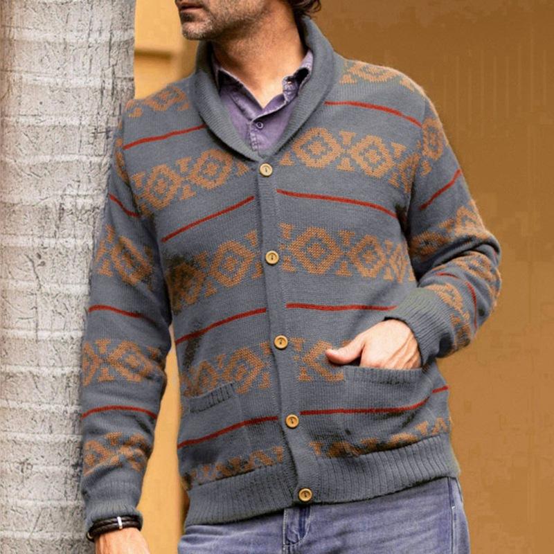 Mens Vintage Striped Jacquard Knit Cardigan 54557886M