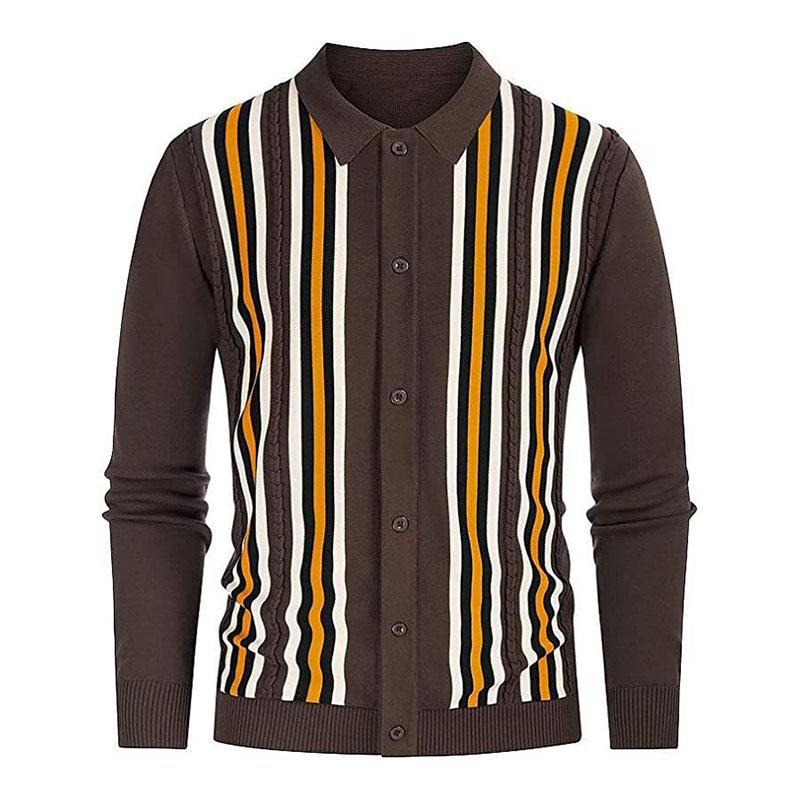 Mens Lapel Long Sleeve Striped Knit Cardigan 21119071M
