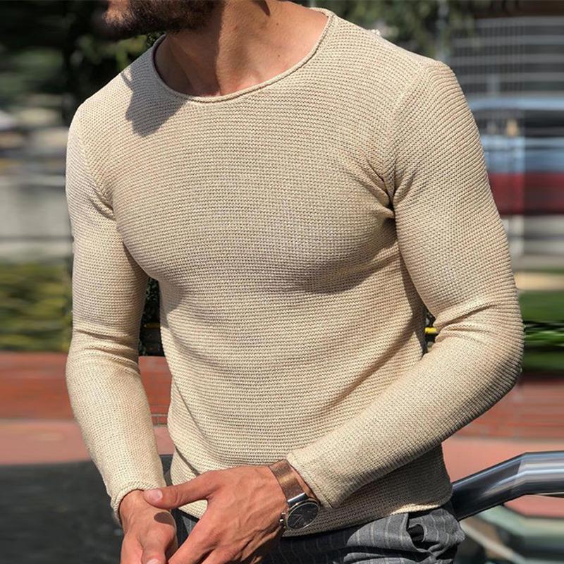 Mens Casual Solid Color Round Neck Long Sleeve Knitted Sweater 07050791Y