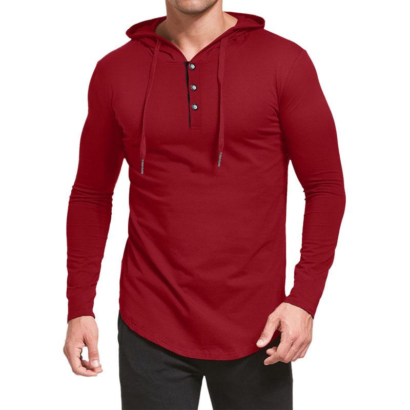 Mens Casual Round Neck Button Loose Long Sleeve Hooded T-Shirt 14365821M
