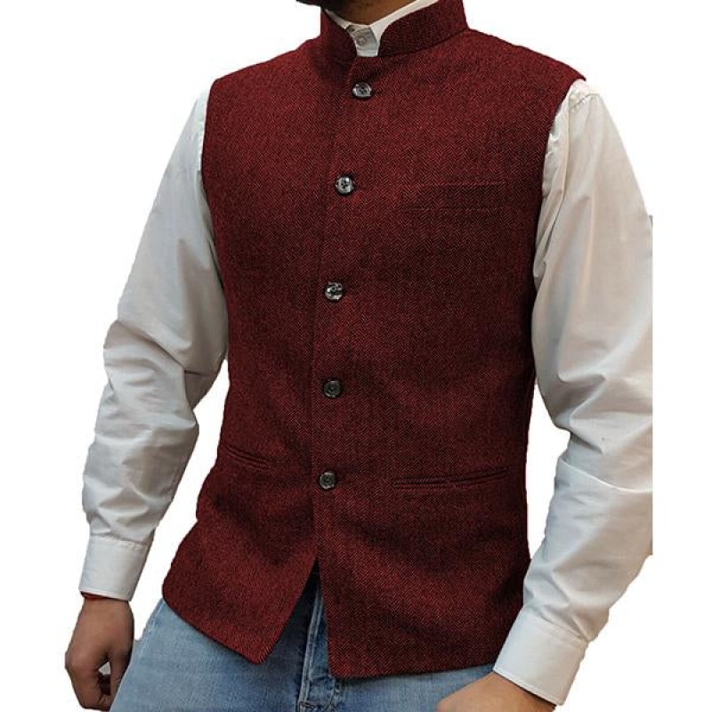Mens Stand Collar Herringbone Single Breasted Vest 76418897M