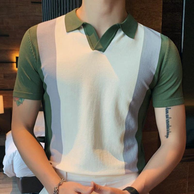 Mens Lapel Collar Contrast Color Knit Polo Shirt 12748774M