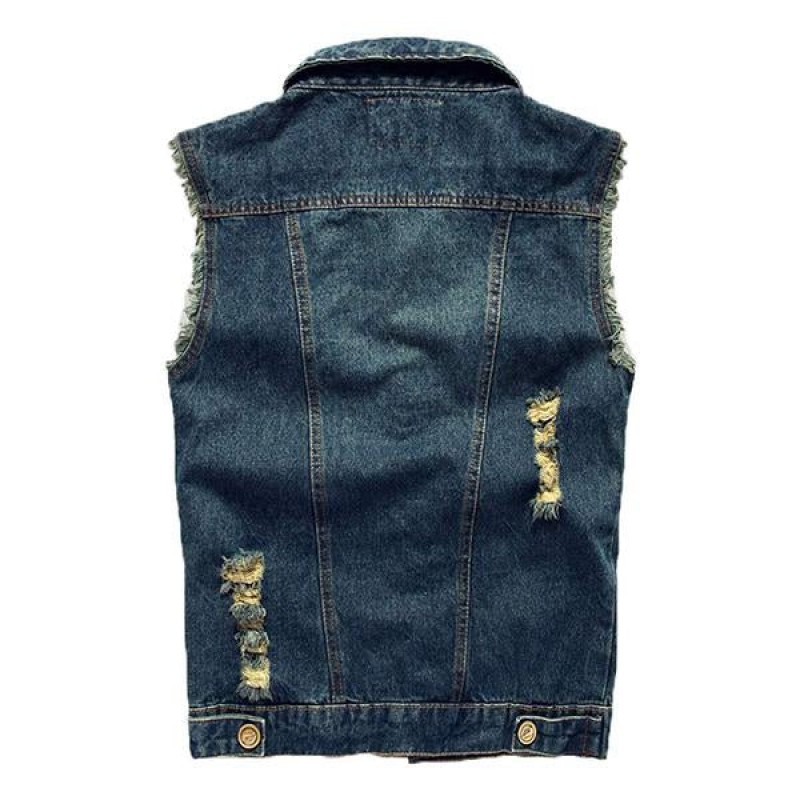 Mens Casual Distressed Frayed Denim Vest 14987136M