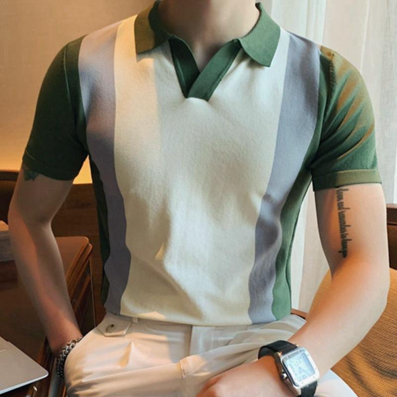 Mens Lapel Collar Contrast Color Knit Polo Shirt 12748774M