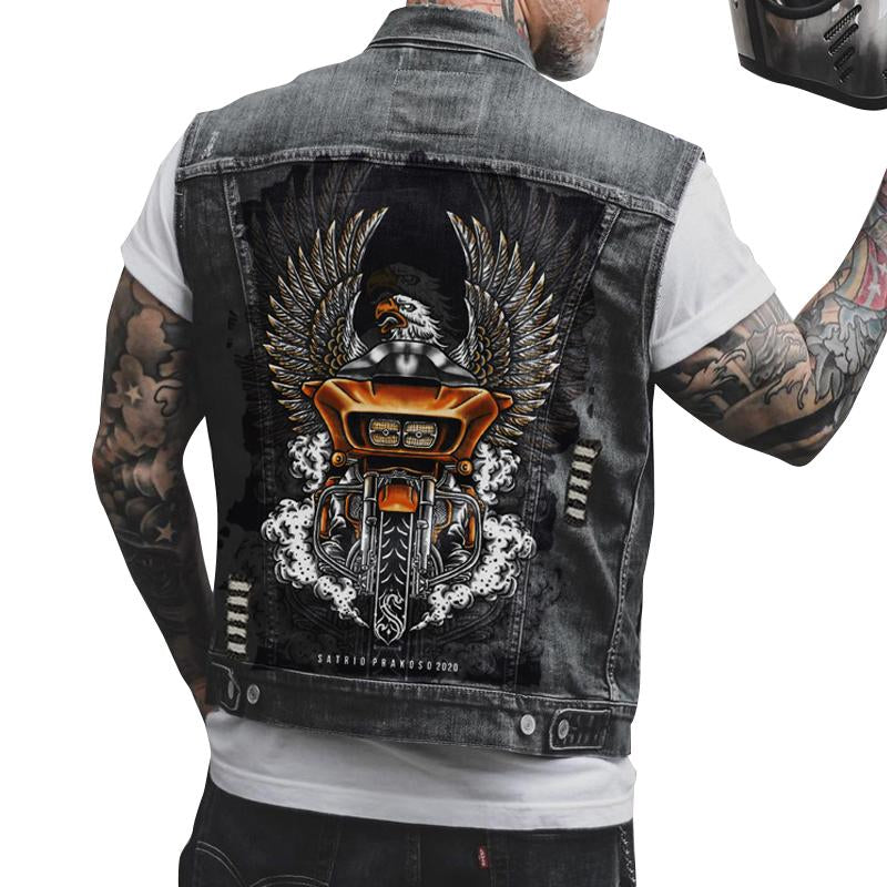 Mens Vintage Eagle Print Biker Denim Vest 67469804Y