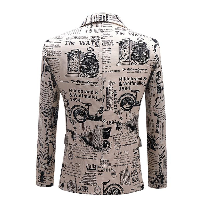 Mens Personalized Newspaper Print Lapel One Button Blazer 51736436M