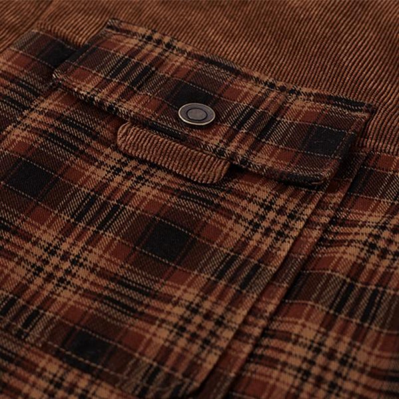 Mens Washed Cotton Plaid Lapel Fleece Thermal Jacket 14246512M