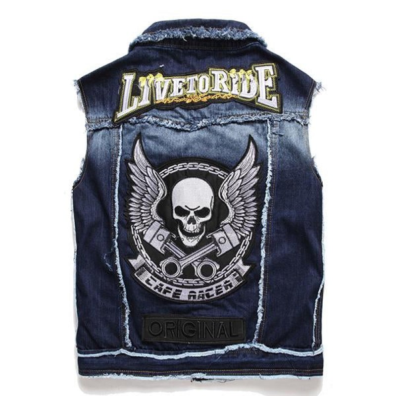 Mens Washed Embroidered Skull Denim Vest 11712032M