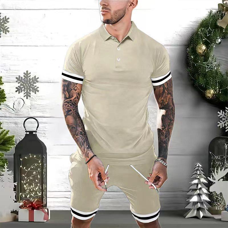 Mens Colorblock Striped Cuff Short Sleeve Polo Shirt Shorts Set 02905193Z