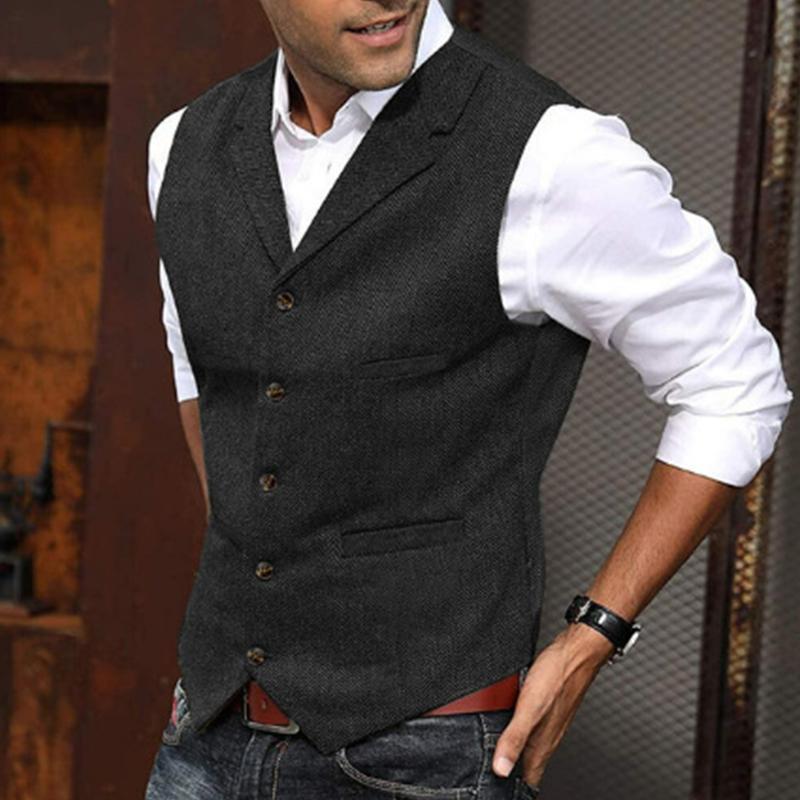 Mens Vintage Herringbone Lapel Single Breasted Slim Vest 34062296M