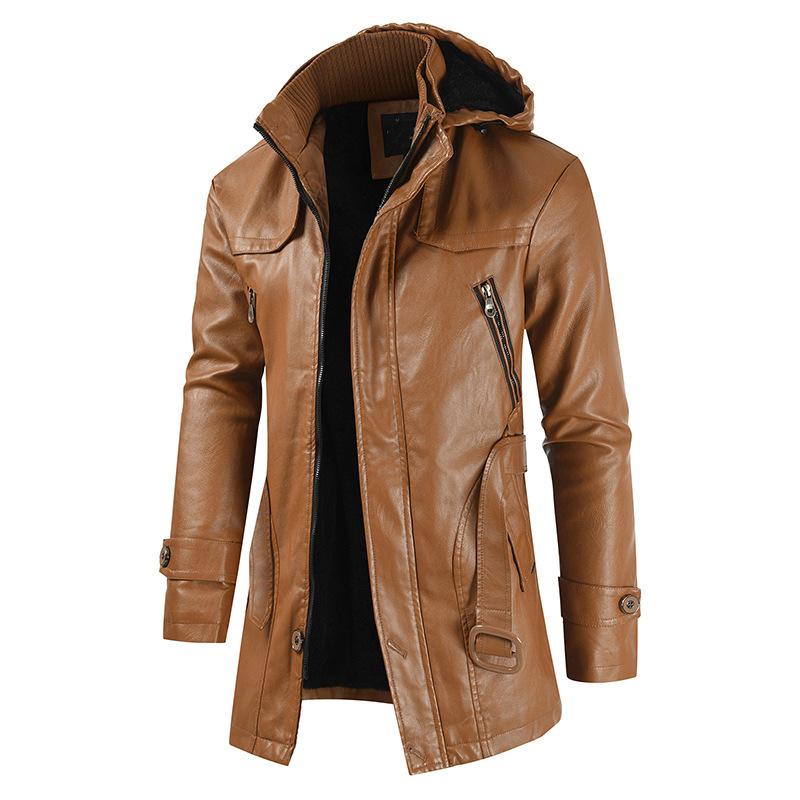 Mens Vintage Hooded Mid Length Leather Coat 39111752M