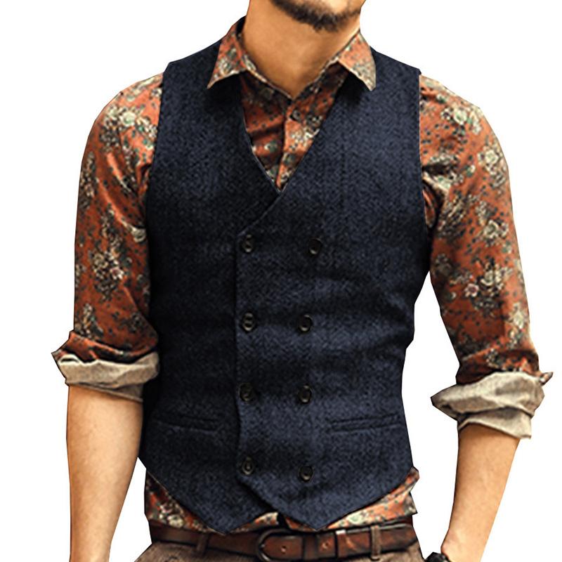 Mens Vintage Herringbone V-Neck Double Breasted Vest 84812263M