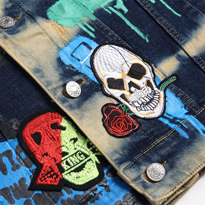 Mens Casual Washed Embroidery Print Lapel Collar Loose Denim Vest 39872810M