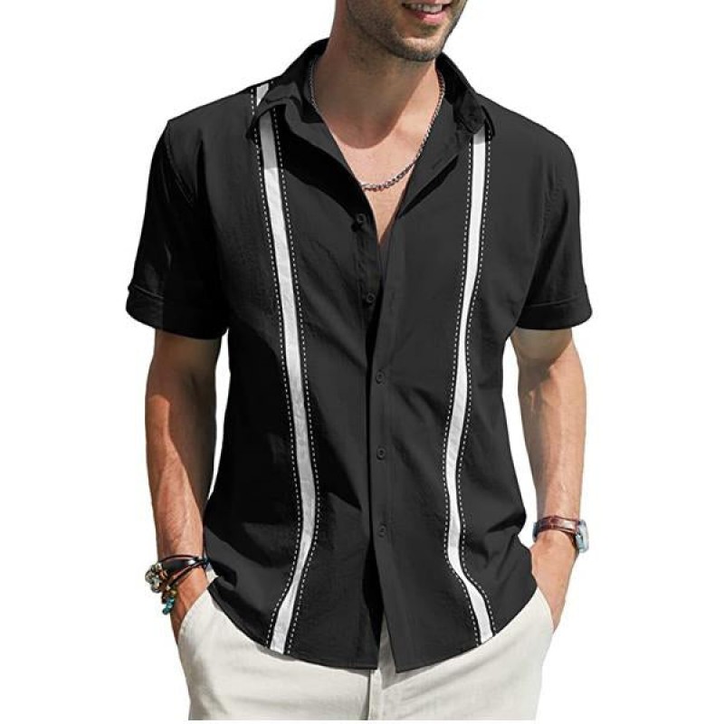 Mens Lapel Colorblock Linen Shirt 58965828X