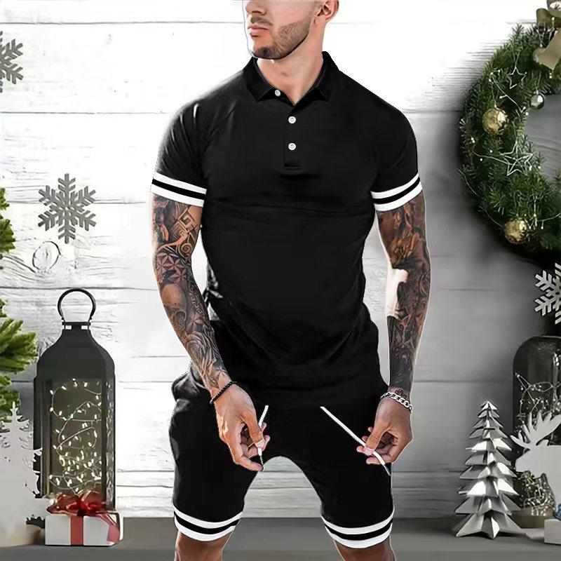Mens Colorblock Striped Cuff Short Sleeve Polo Shirt Shorts Set 02905193Z