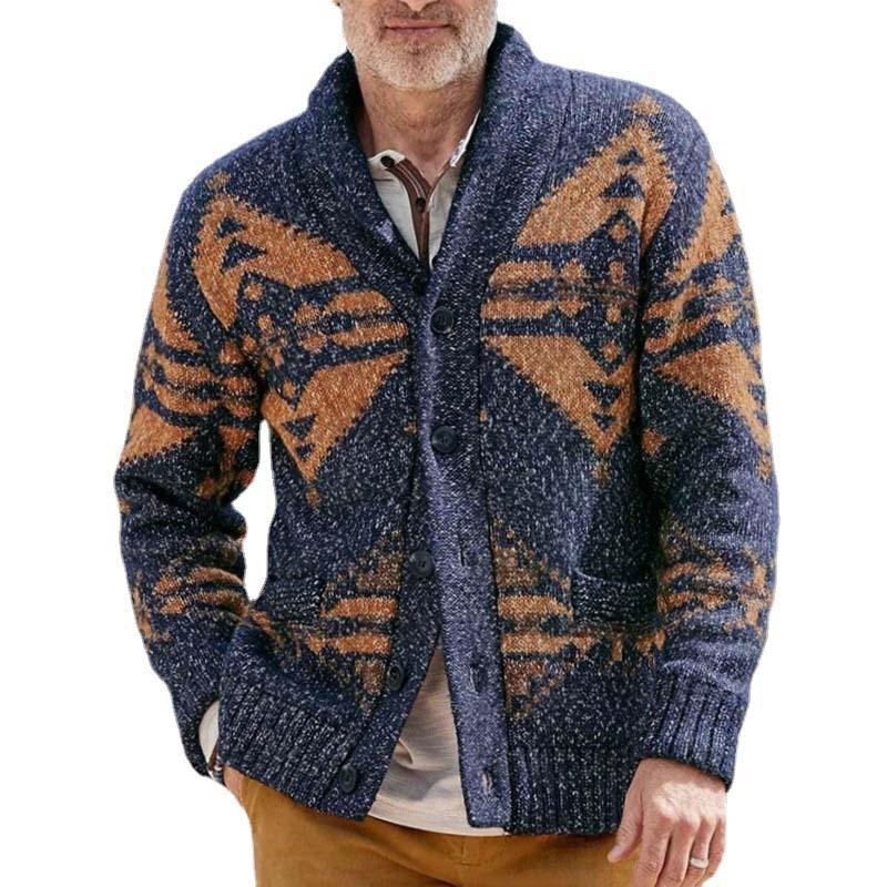 Mens Lapel Vintage Jacquard Knit Cardigan Jacket 12895005M
