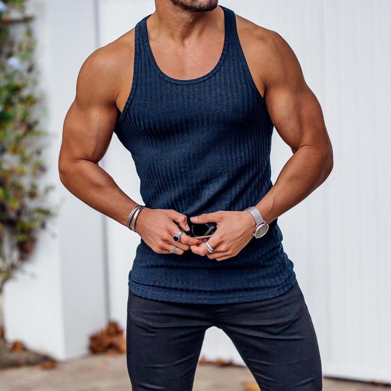 Mens Knitted Vertical Stripe Athletic Fit Racerback Tank Top 92662830X