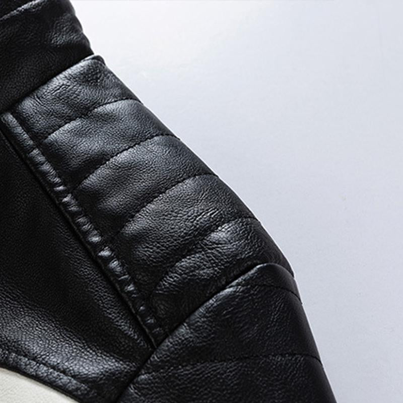 Mens Vintage Stand Collar Colorblock Stitching Zip-Up Leather Biker Jacket 01382637M