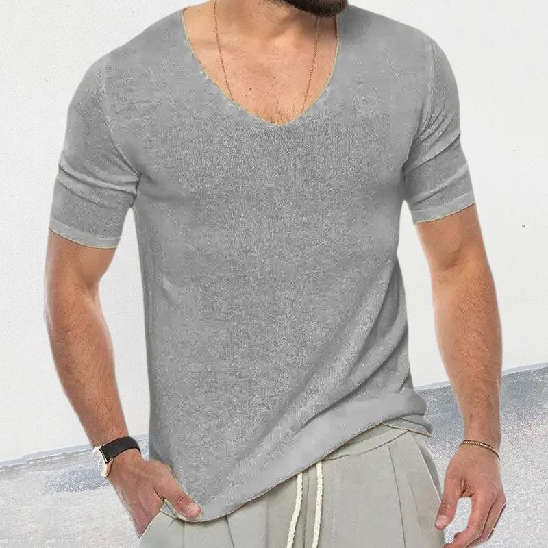 Mens Casual Solid Color V -Neck Short -Sleeved Knit Sweater 05621460Y
