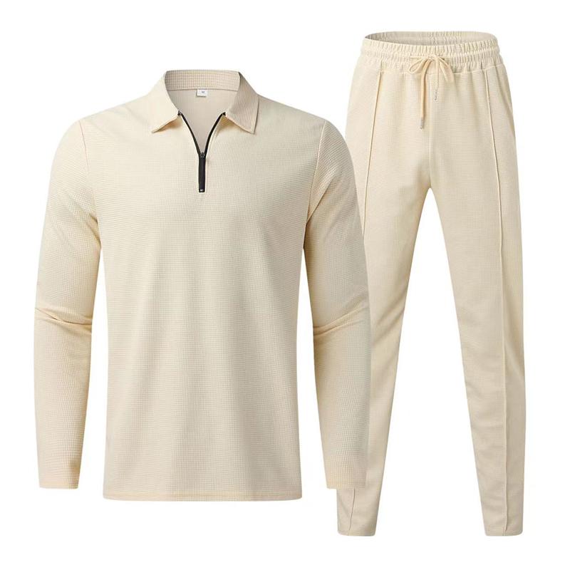 Mens Casual Lapel Long-Sleeved Polo Shirt And Trousers Two-Piece Set 09461761M