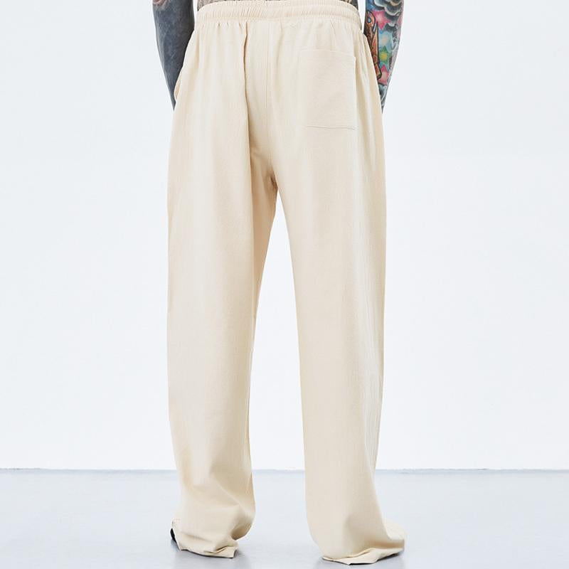Mens Loose Cotton Linen Solid Color Drawstring Trousers 02079114Y