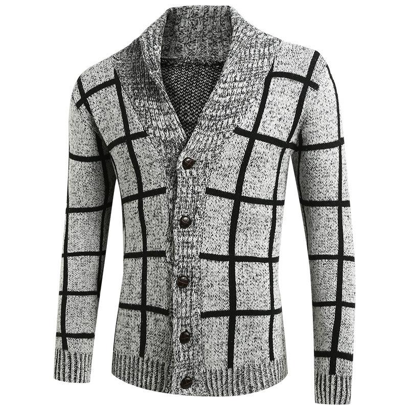 Mens Casual Thickened Plaid Slim Button Cardigan 41300042M