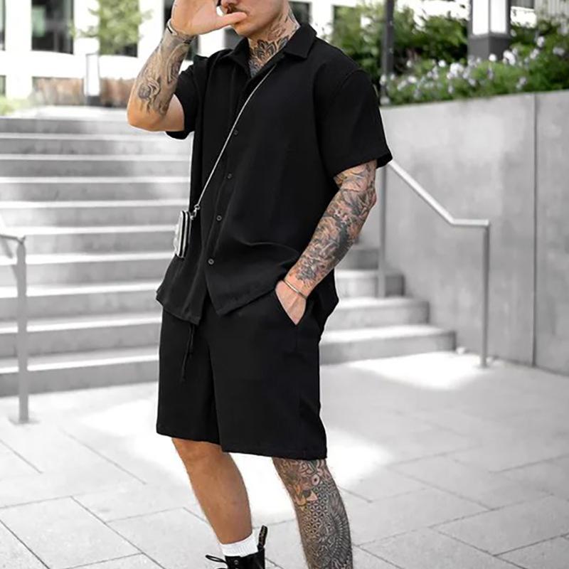 Mens Lapel Single Breasted Short Sleeve Shirt Shorts Set 04319018Z