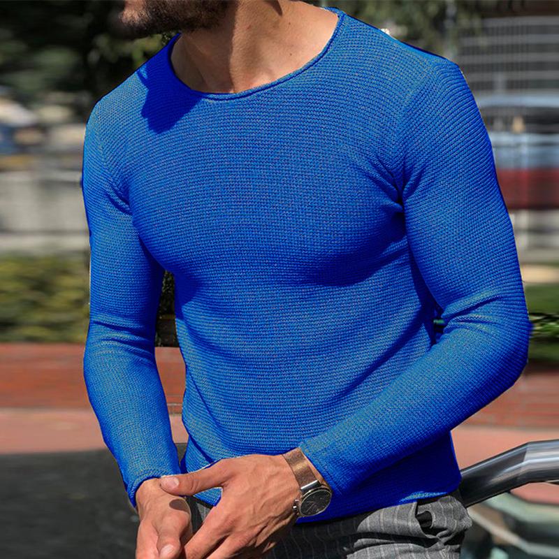 Mens Casual Solid Color Round Neck Long Sleeve Knitted Sweater 07050791Y
